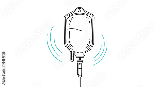Simple line art drawing of a medical IV drip bag hanging and connected to a tube for hospital patient care.