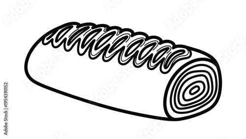 Black and white line art drawing of a delicious pastry roll or sausage roll with a flaky textured surface.