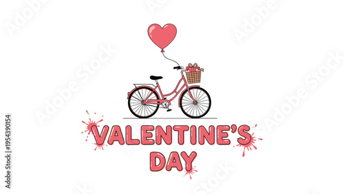 Pink bicycle carrying a basket of gifts and a heart balloon celebrates Valentine Day with romantic greeting text.