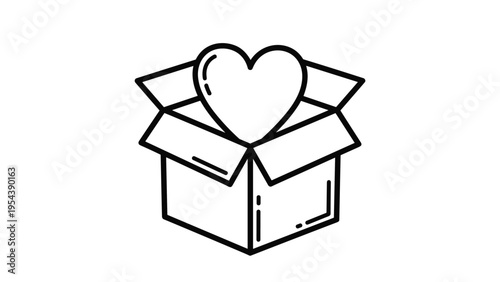 Simple black and white line art depicts a cute heart shape emerging from an open cardboard box on white background.