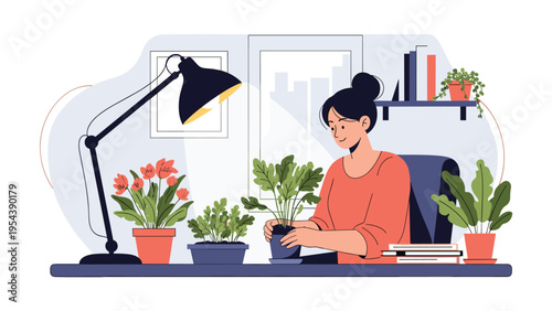 Young woman works at her desk surrounded by various indoor potted plants while she carefully tends to a small fern.