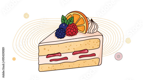 Delicious slice of vanilla layered cake topped with fresh berries orange and cream sits against a white backdrop.