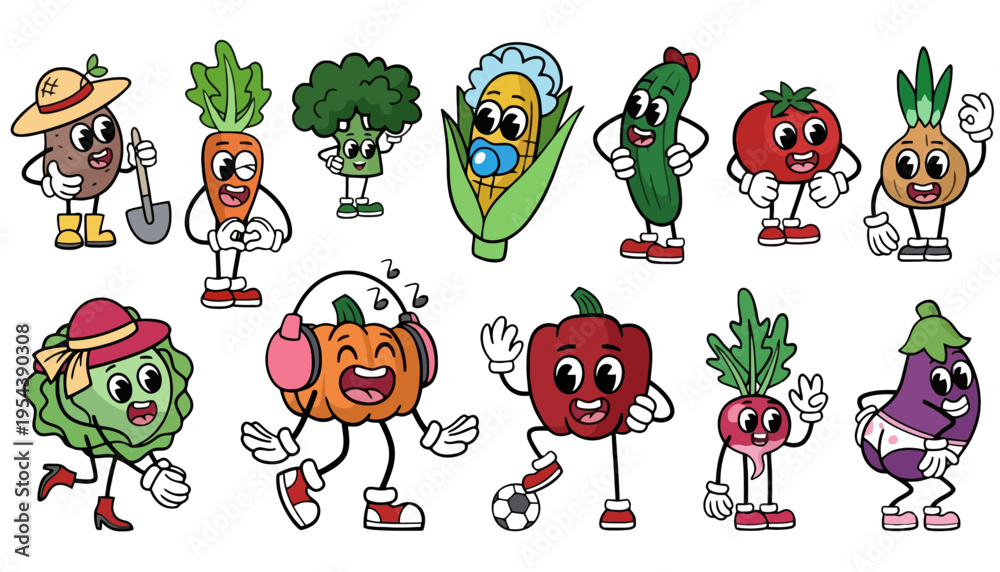 Obraz premium Vegetable cartoon characters in various fun poses and activities