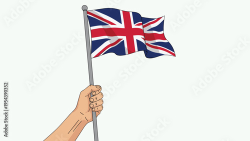 Close up illustration shows a hand firmly holding a flagpole with the British Union Jack flag waving in the breeze.