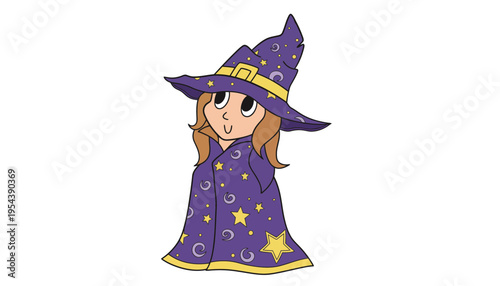 A witch girl wearing a purple cloak and hat illustration