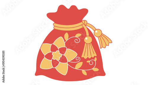 A red money bag illustration with gold floral design and tassel