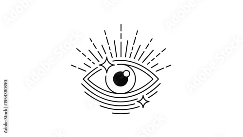 Mystical eye symbol with radiating sun rays and small stars is drawn in a clean minimalist black and white style.