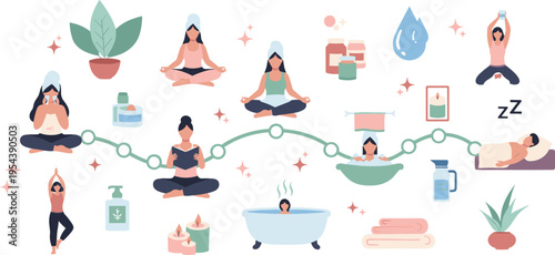 Self care routine set with meditation skincare bath and sleep stages, wellness lifestyle concept with relaxation and health habits vector illustration