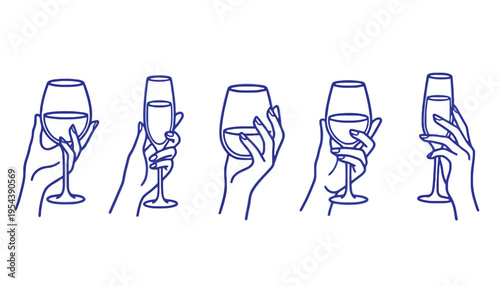 A hand holding various wine glasses in a simple line illustration style