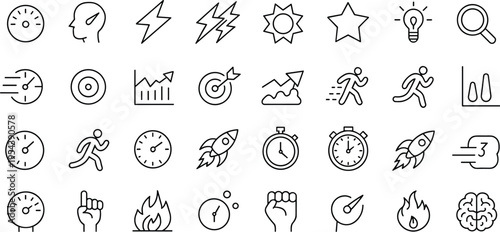 Black  line of business and productivity symbols line black and  clocks
