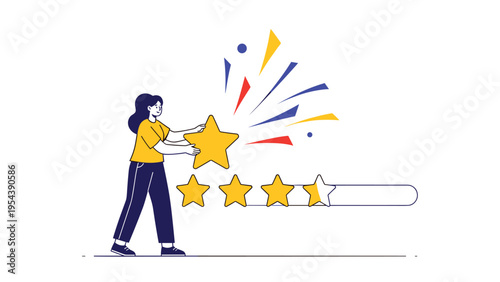Concept illustration of customer feedback shows a woman placing a large yellow star onto a five star rating bar.