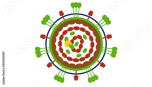 Virus colorful illustration with green spikes and red protrusions on white background