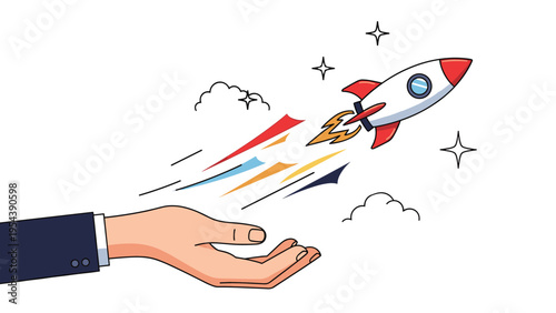 Businessman hand launching a colorful rocket ship into space symbolizing business startup development and growth success.