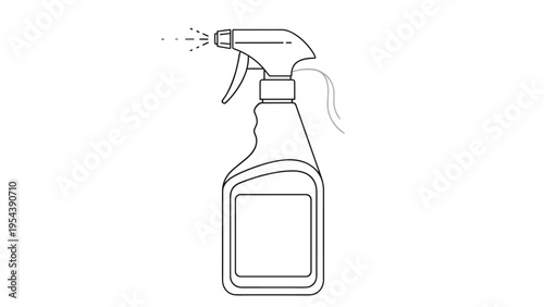 Household spray bottle line drawing used for cleaning liquid or garden water being sprayed through a nozzle mechanism.
