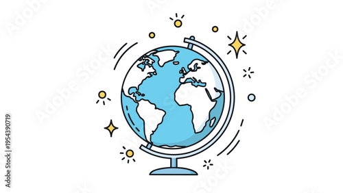 Desk globe model on a stand showing the world map with continents and oceans surrounded by decorative stars and icons.