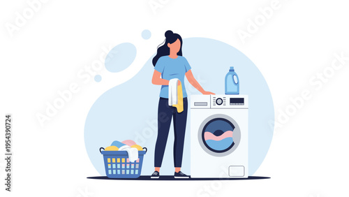 Young woman standing by a front load washing machine doing laundry with a full basket of colorful clothes and detergent.
