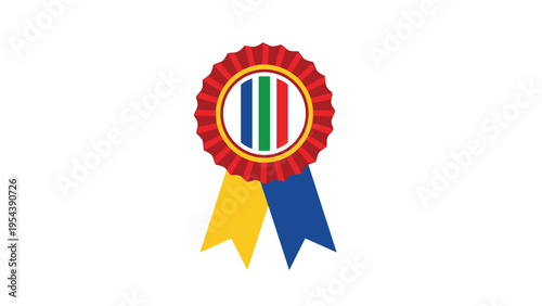 Award rosette ribbon with red ruffles and colorful stripes for winners of competition sports and achievement recognition.