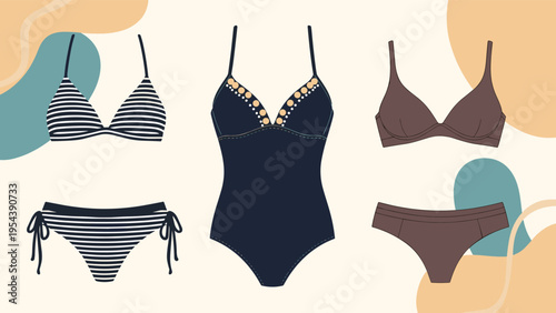 Women's beachwear collection including bikini sets and a one piece swimsuit in various colors and striped patterns design.
