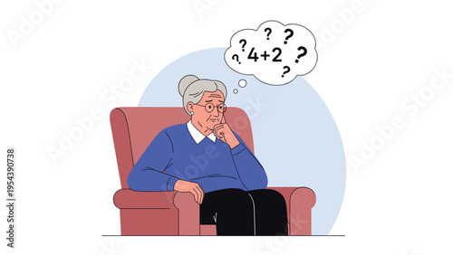 Elderly woman sitting in an armchair thinking about a simple math problem representing memory loss or dementia symptoms.
