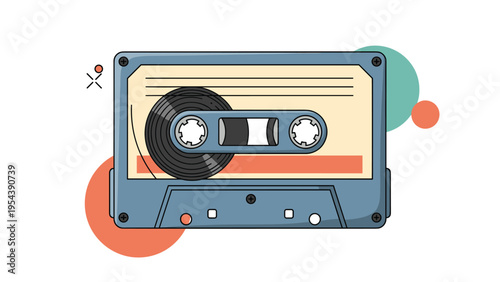 Retro audio cassette tape illustration with colorful background circles for music lovers and vintage technology nostalgia.