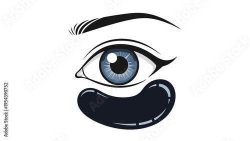 Human eye illustration with a dark cosmetic patch applied underneath to reduce dark circles and puffiness for skincare.