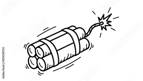 Hand drawn dynamite bundle with burning fuse and sparks in line art style for conceptual danger or urgency themes.