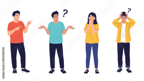 Group of men showing various expressions of confusion and frustration with question marks for problem solving concepts.