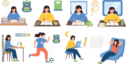 Student daily routine set, studying reading learning and relaxing activities vector illustration collection