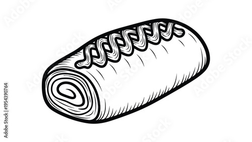 Sweet pastry roll with swirled icing on top shown in a hand drawn engraving style for bakery and dessert menu designs.