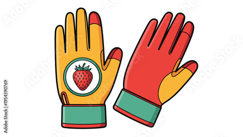 Pair of colorful gardening gloves with strawberry icon for protective equipment and hobby horticulture themes.