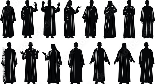 People Wearing Traditional Long Robes and Cloaks Silhouette Collection Featuring Various Poses for Religious Cultural Spiritual and Academic Graduation Vector Graphic Design Projects