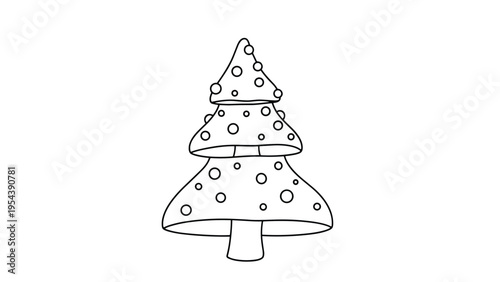 Stylized mushroom tree with spotted caps in black and white line art for fairytale nature and coloring book concepts.