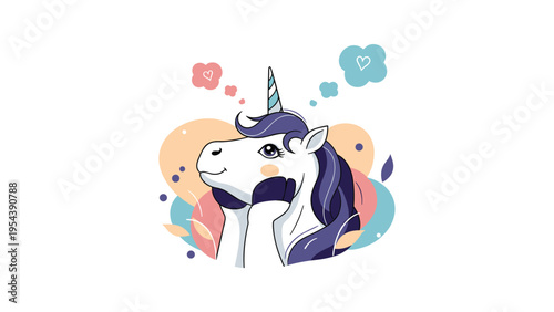 Cute white unicorn character thinking about love with heart bubbles and soft pastel background for fantasy themes.