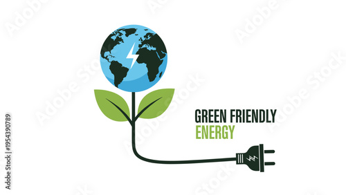 Planet earth growing as a leaf plant connected to a power plug for eco friendly green energy conservation concept.