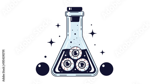 Laboratory glass flask containing three floating eyeballs for spooky science or halloween horror themed concepts.