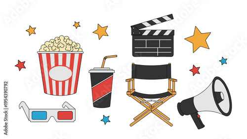 Collection of movie theater icons including popcorn soda clapboard and directors chair for cinema entertainment themes.