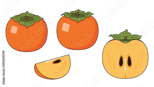 Fresh orange persimmon fruits shown whole and in sliced pieces for autumn harvest and healthy nutrition concepts.