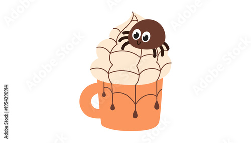 A cartoon spider sitting on a mug of whipped cream
