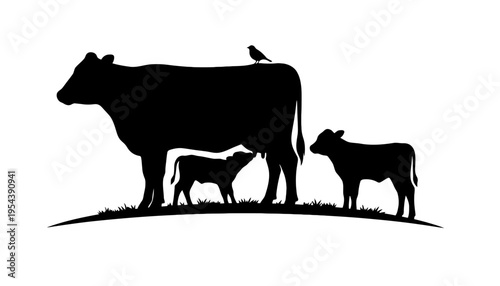 Cow silhouette with calf and bird on a grassy hill