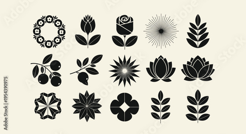 Set of black botanical silhouette icons including roses lotus flowers wreaths leaves and berries isolated on a cream background vector illustration