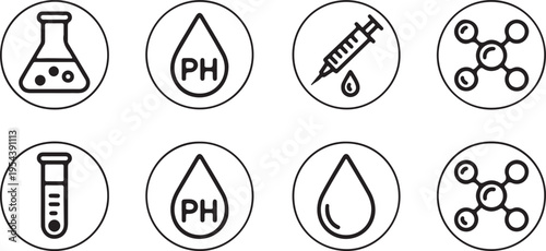 Chemistry science icons beaker test tube ph drop syringe and molecular structure symbols for laboratory research vector