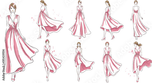 Elegant pink dress fashion illustrations with flowing gowns feminine outfit collection vector