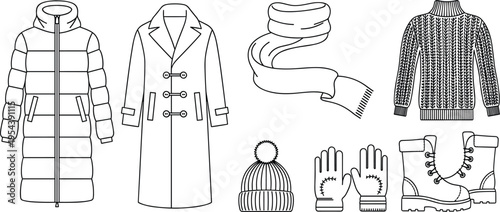 Winter apparel icons set vector illustration with coat jacket scarf sweater hat gloves boots and cold weather clothing outline collection