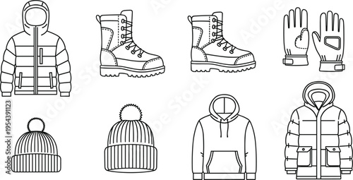 Winter clothing icons set vector illustration with jacket boots gloves hat hoodie and cold weather apparel outline collection for seasonal fashion design