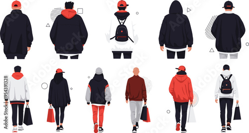 Urban streetwear outfits collection with hoodies jackets and casual fashion styles, modern men clothing back view poses vector illustration set