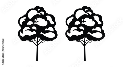 Two Deciduous Tree Silhouettes with Lush Leafy Canopies for Nature Conservation Environmental Projects Park Landscapes and Outdoor Summer Greenery Designs