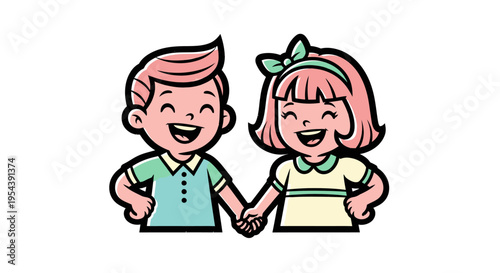 Cartoon Boy and Girl Holding Hands.