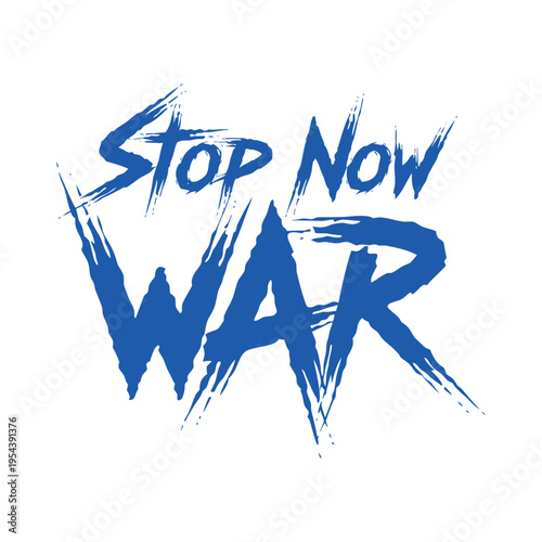 Blue brush stroke text Stop War Now with white splatter effect