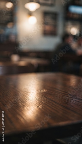Dark wood table top in a blurred cafe restaurant setting, empty surface for pub or bar menu advertising and social media background with copy space and bokeh