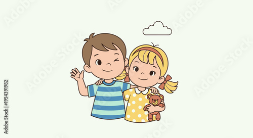 Cartoon Boy and Girl Hugging Together.